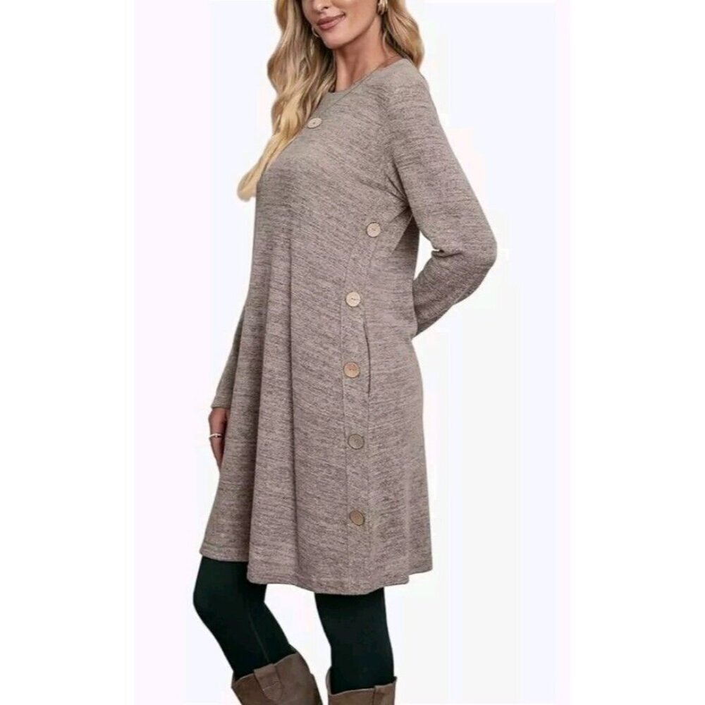 Women's XL Long Sleeve Tunic Dress Fall Outfit Soft with Pockets Tan Coffee